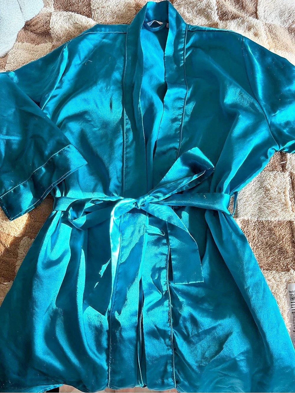 Vintage La Vie En Rose Short Satin Robe 3/4 Sleeves ~ Blue Teal
